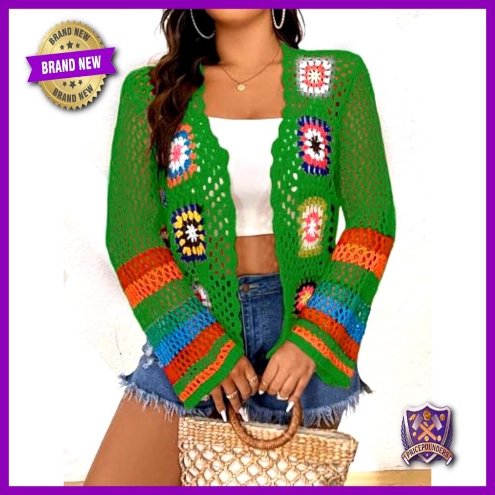 Crochet Cardigan Boho Hollow Out Sweater Open Front Long Sleeves - Picture 2 of 7